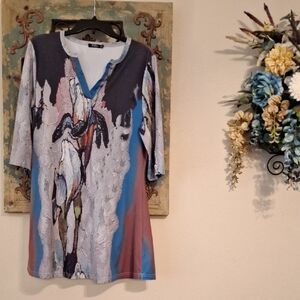 Artistic Long Sleeve Dress in Blue and Black. Size Medium